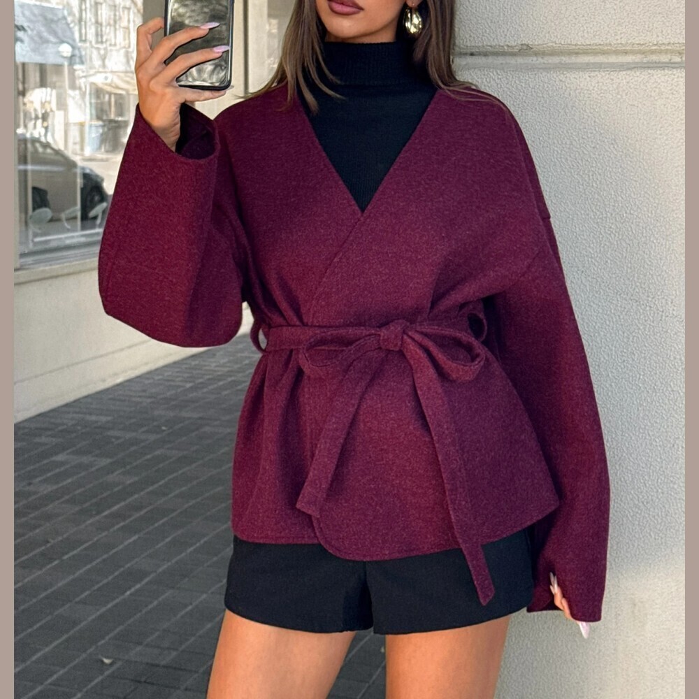 Burgundy Tweed Wrap Belted Oversized Kimono Jacket